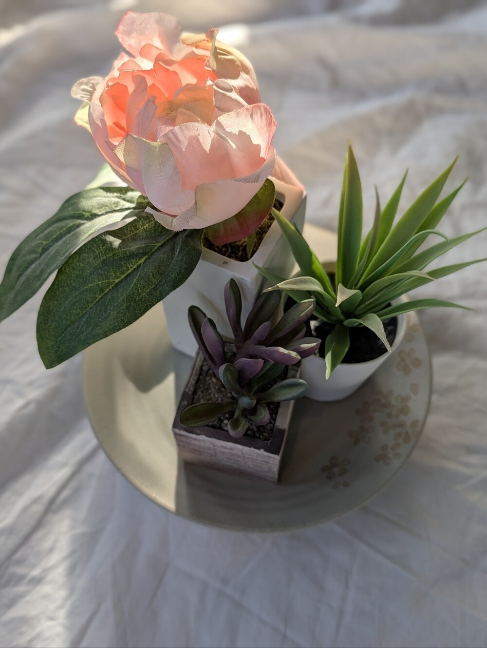 World Market Clay Dish With Artificial Pink Peony And Succulents